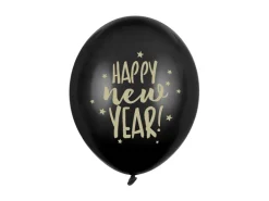 Ballon 30 cm, Happy New Year, Pastel Sort (6 Stk.)