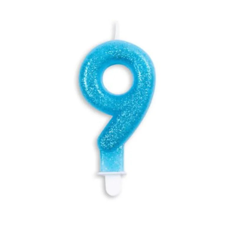 Blåt Talformet Kagelys m/Glitter 7 cm - 9 Tal