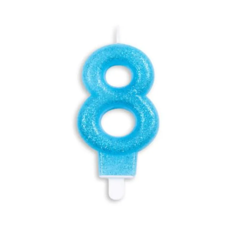 Blåt Talformet Kagelys m/Glitter 7 cm - 8 Tal