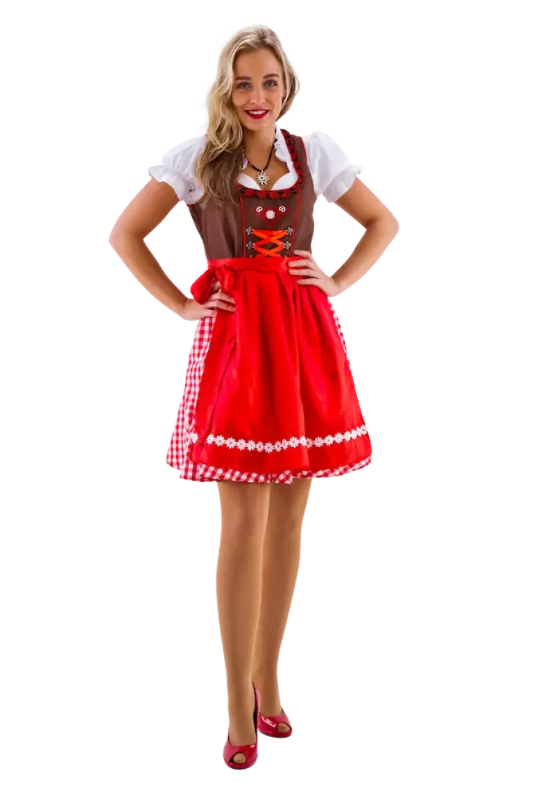 Brun & Rød Dirndl i 100% Bomuld, 3 dele