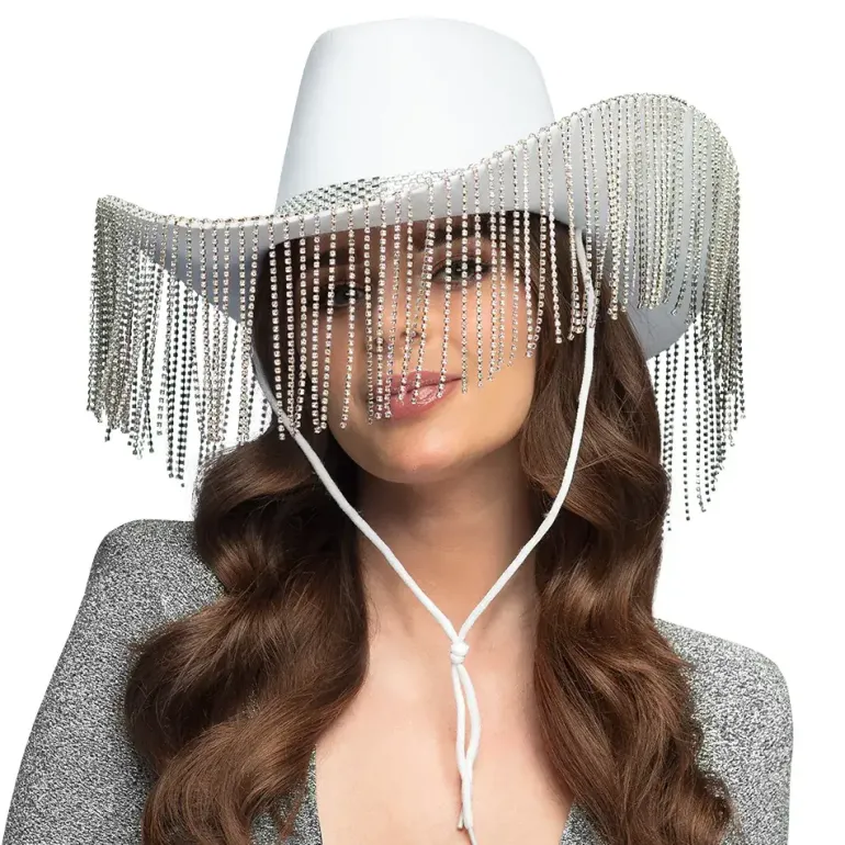 Cowboy hat, Hvid Showgirl hat med Frynser