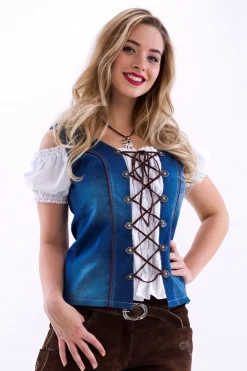 Denim Tyrolerbluse, 98% Bomuld