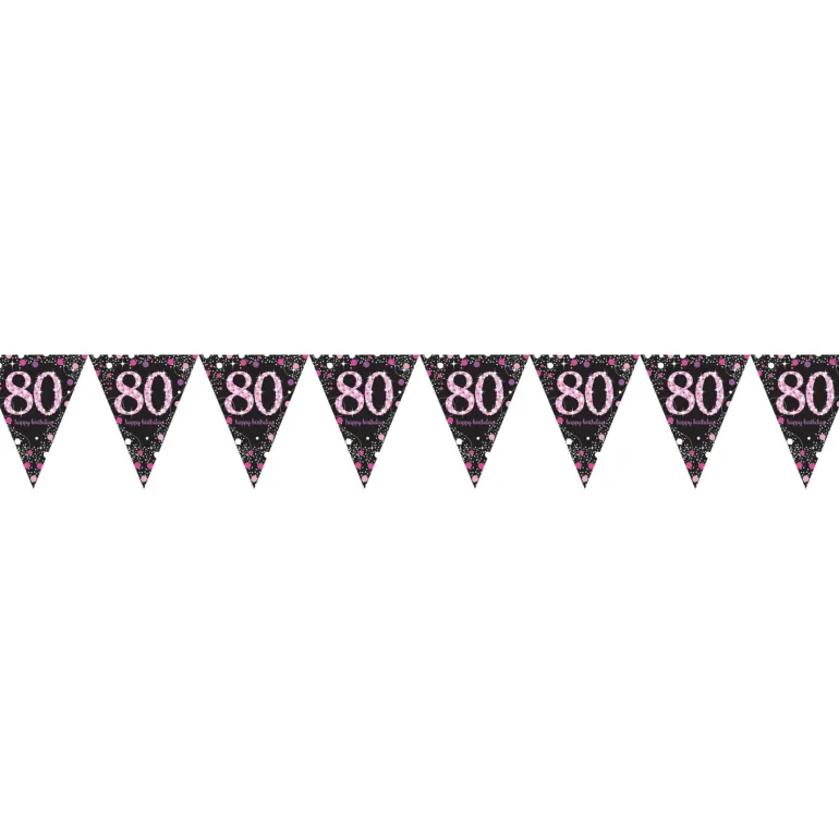 Flagguirlande 4M med Sparkling 80 År vimpel flag (sort & pink)