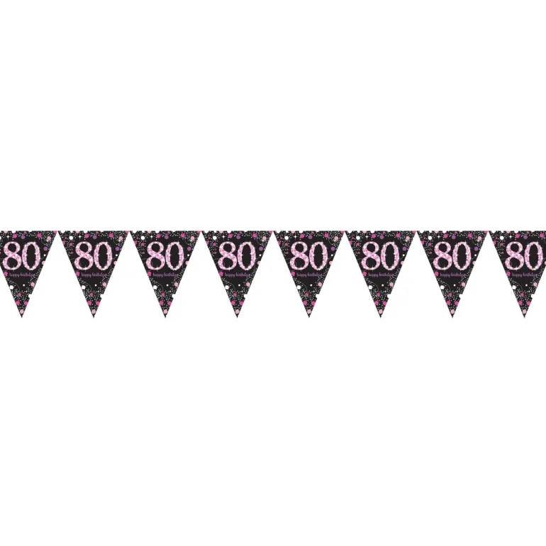 Flagguirlande 4M med Sparkling 80 År vimpel flag (sort & pink)