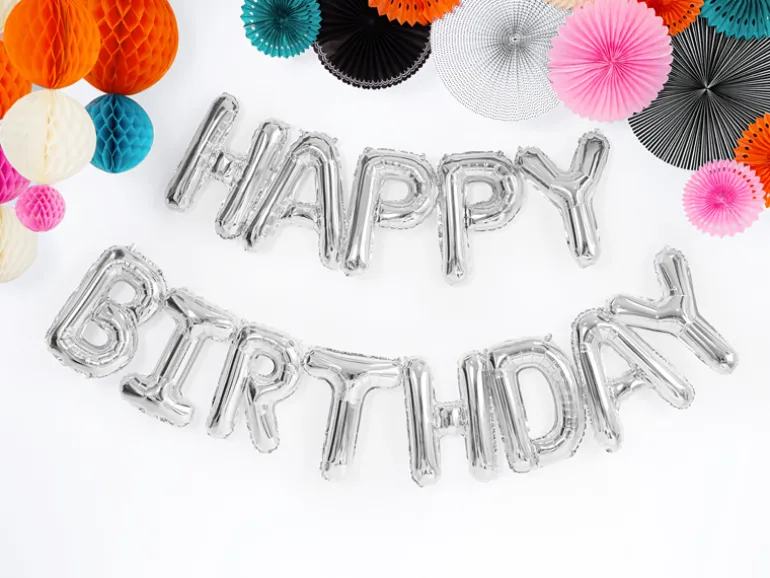 Folie Ballon Happy Birthday, 340 X 35 cm, Sølv