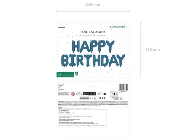 Folieballon Happy Birthday, 340 X 35 cm, Marineblå Blå