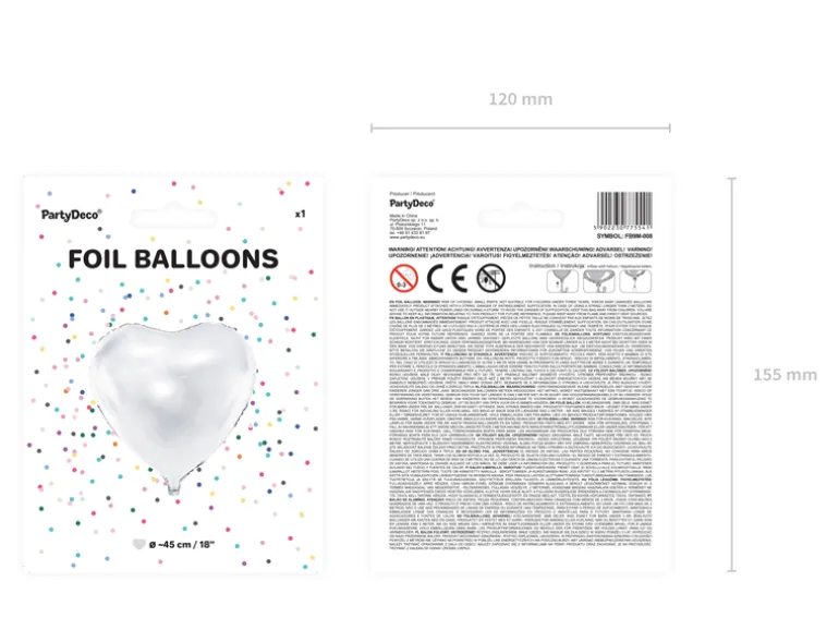 Folie Ballon Hjerte, 45 cm, Hvid