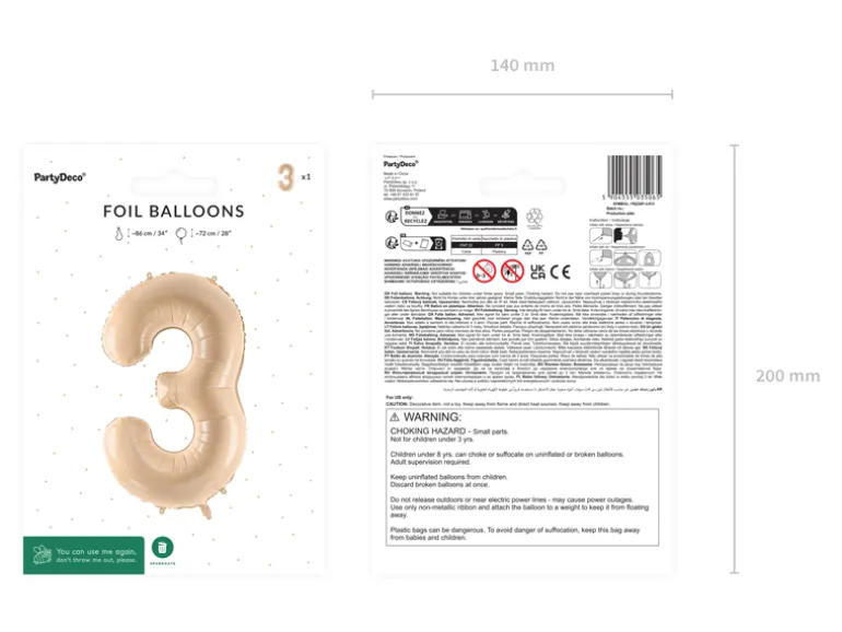 Folie Ballon Tal ''3'', 72 cm, Beige
