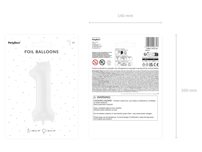 Folie Ballon Tal ''1'', 86 cm, Hvid