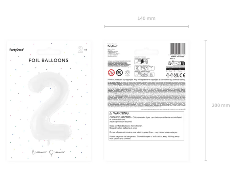 Folie Ballon Tal ''2'', 86 cm, Hvid