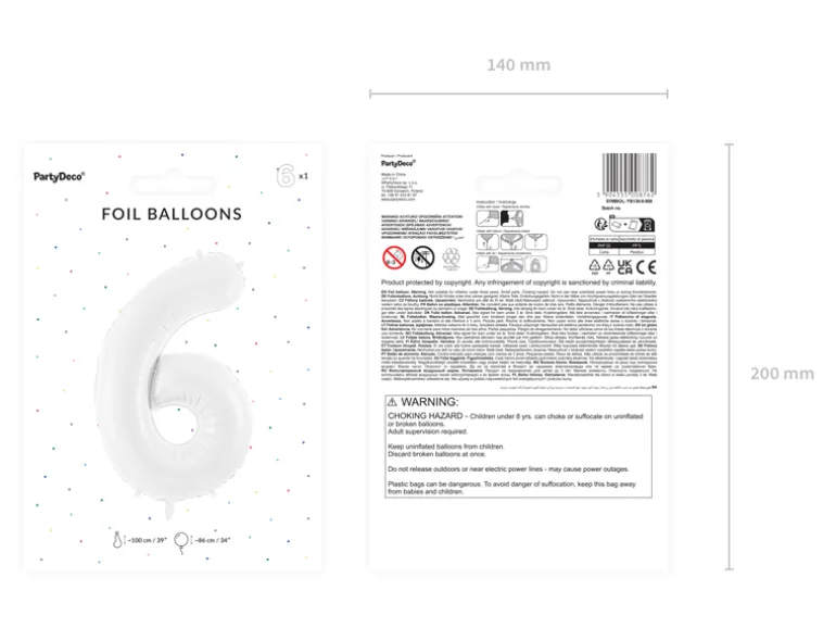 Folie Ballon Tal ''6'', 86 cm, Hvid