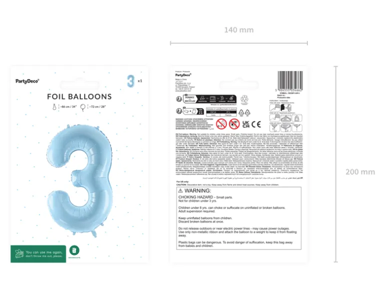 Folie Ballon Tal ''3'', 72 cm, Lyseblå
