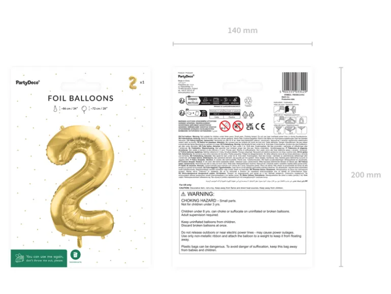 Folie Ballon Tal ''2'', 72 cm, Lys Guld