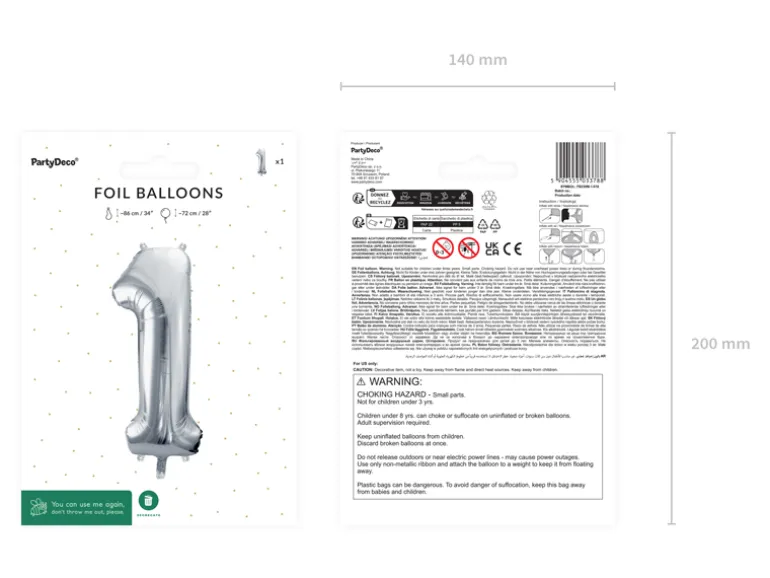 Folie Ballon Tal ''1'', 72 cm, Sølv