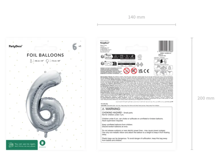Folie Ballon Tal ''6'', 72 cm, Sølv