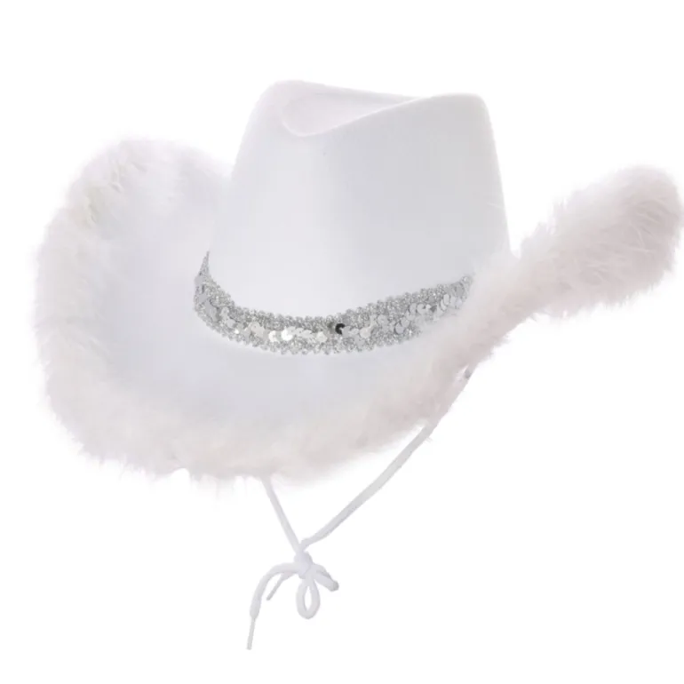 Hvid Cowboy Hat m/Fjer & Sølv Paillet Bånd