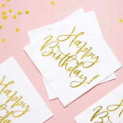 Hvide og Guld "Happy Birthday" Servietter, 20 stk.