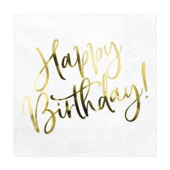 Hvide og Guld "Happy Birthday" Servietter, 20 stk.