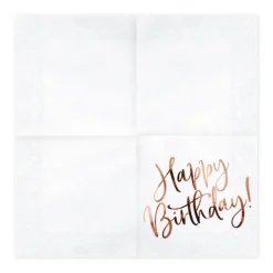 Hvide og Rosegold "Happy Birthday" Servietter, 20 stk.