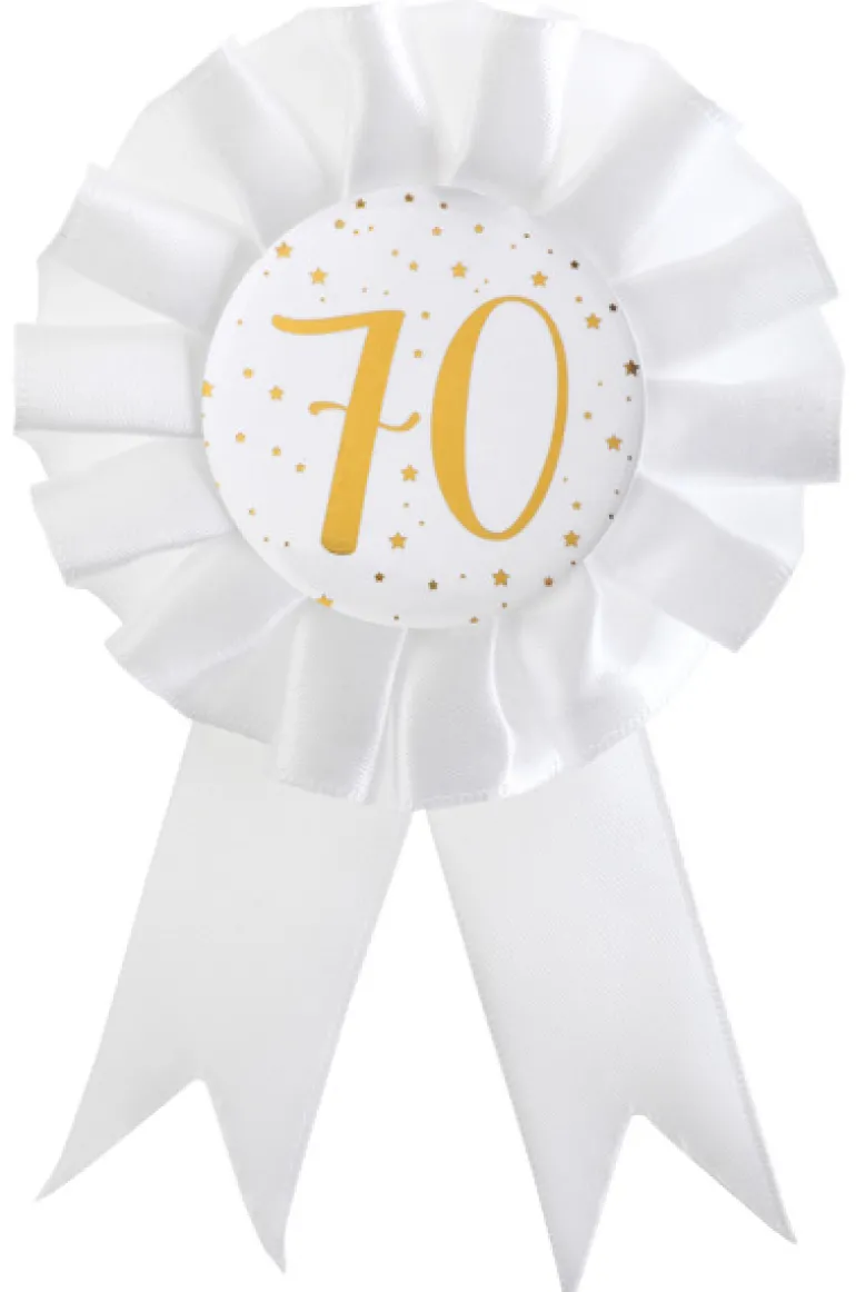 Hvid Fødselsdags Rosette m/Guld Print, 70 År