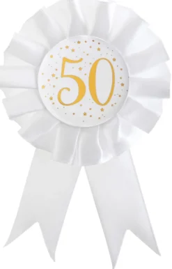 Hvid Fødselsdags Rosette m/Guld Print, 50 År