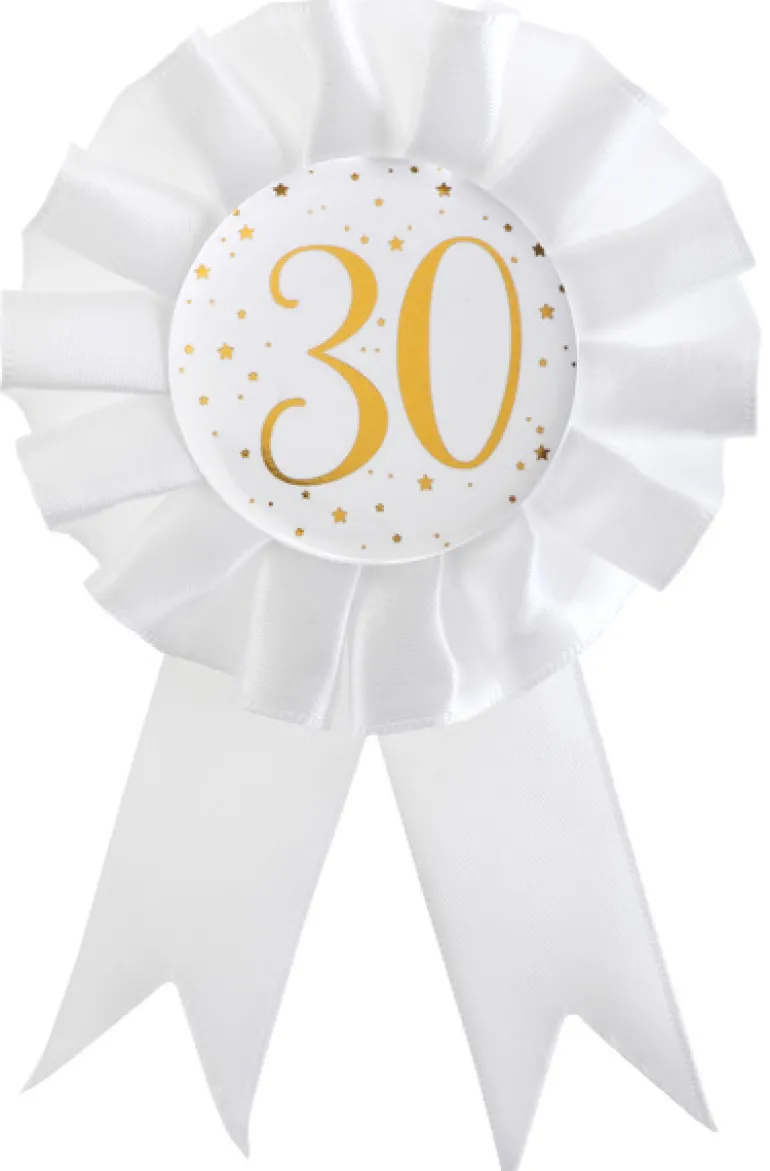 Hvid Fødselsdags Rosette m/Guld Print, 30 År