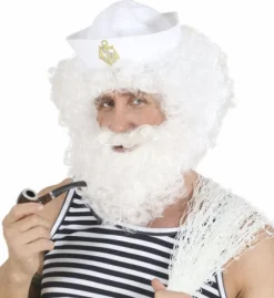 Hvid krøllet paryk med fuldskæg