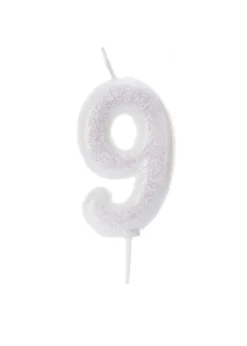 Iriscerende Hvidt Tal Kagelys m/Glitter 6.5 cm - 9