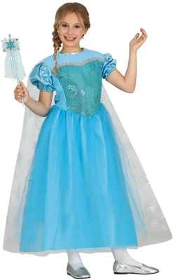Isblå Prinsessekjole m/Kappe - Kostume Til Piger i 2 Dele (3 - 9 år)