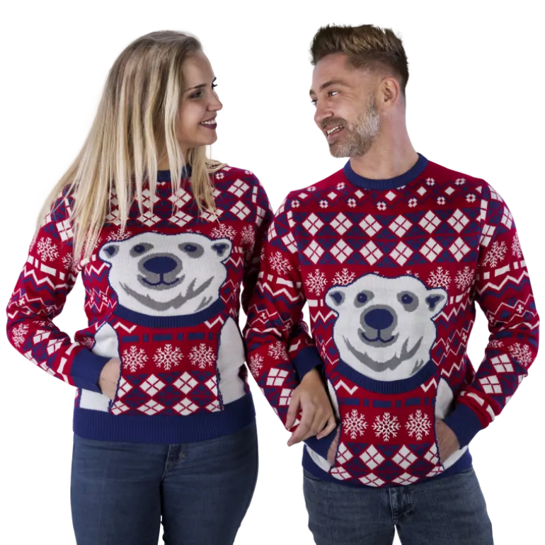 Julesweater m/Isbjørn Print i Hvid, Rød & Blå