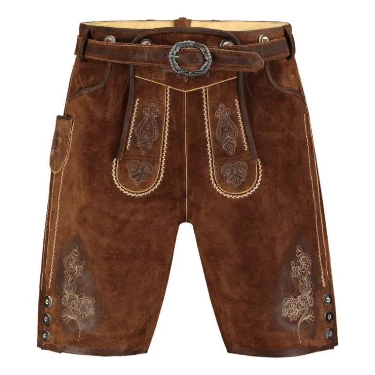 Lederhosen i Ægte Ruskind - Kort Model m/ Bælte i Cognac