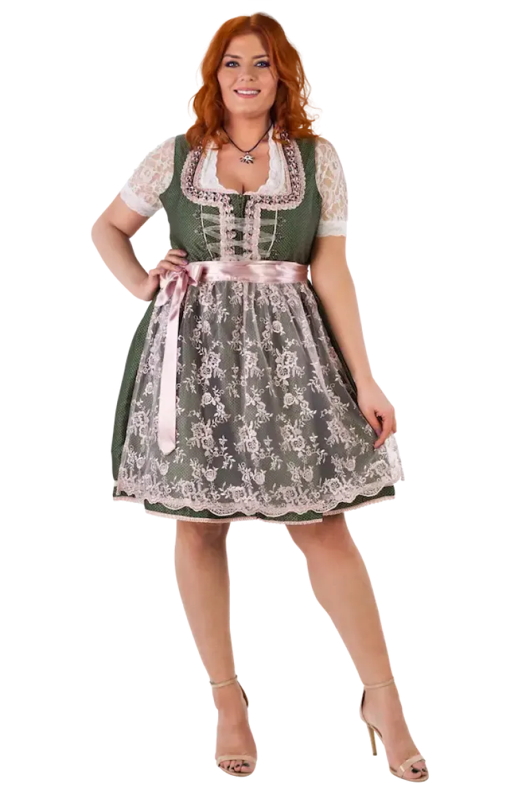 Luksus Dirndl i Grøn & Lyserød - Jacquardvævet