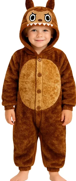 Lulu Monster, Brun heldragt med Hætte | Blødt Børnekostume (5 - 12 år)
