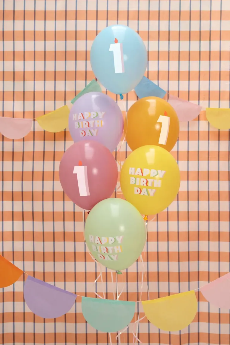 Pastel 1 Års Fødselsdagsballoner, 6 stk.