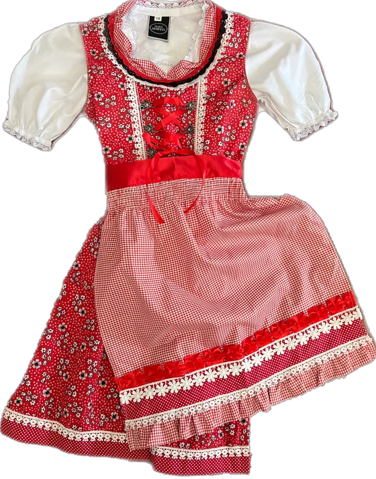 Rød Dirndl til Børn, 3 Dele & Løs Skjorte i 100% Bomuld