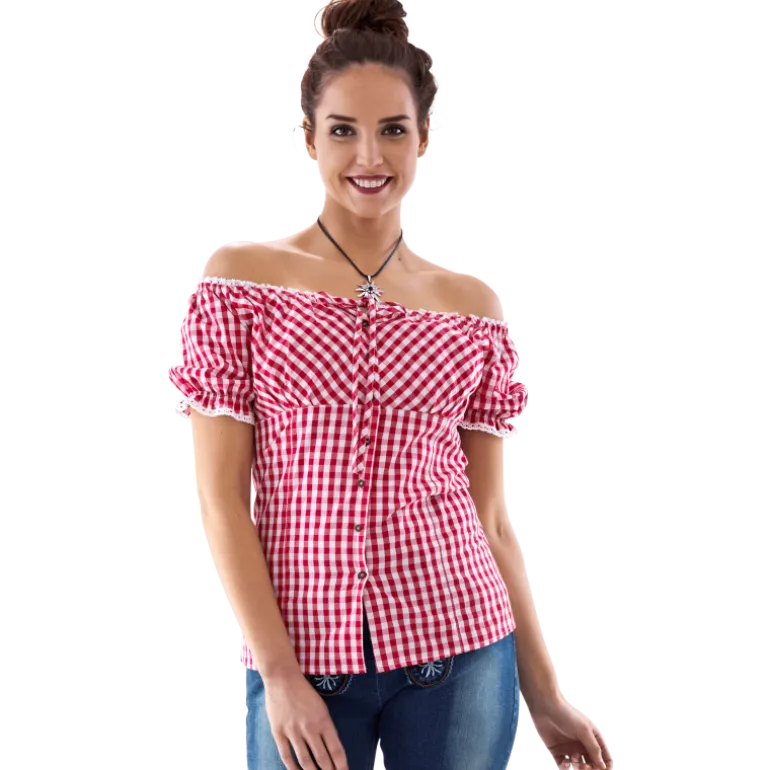 Rødternet Tyrolerbluse, Off-Shoulder m/ Pufærmer