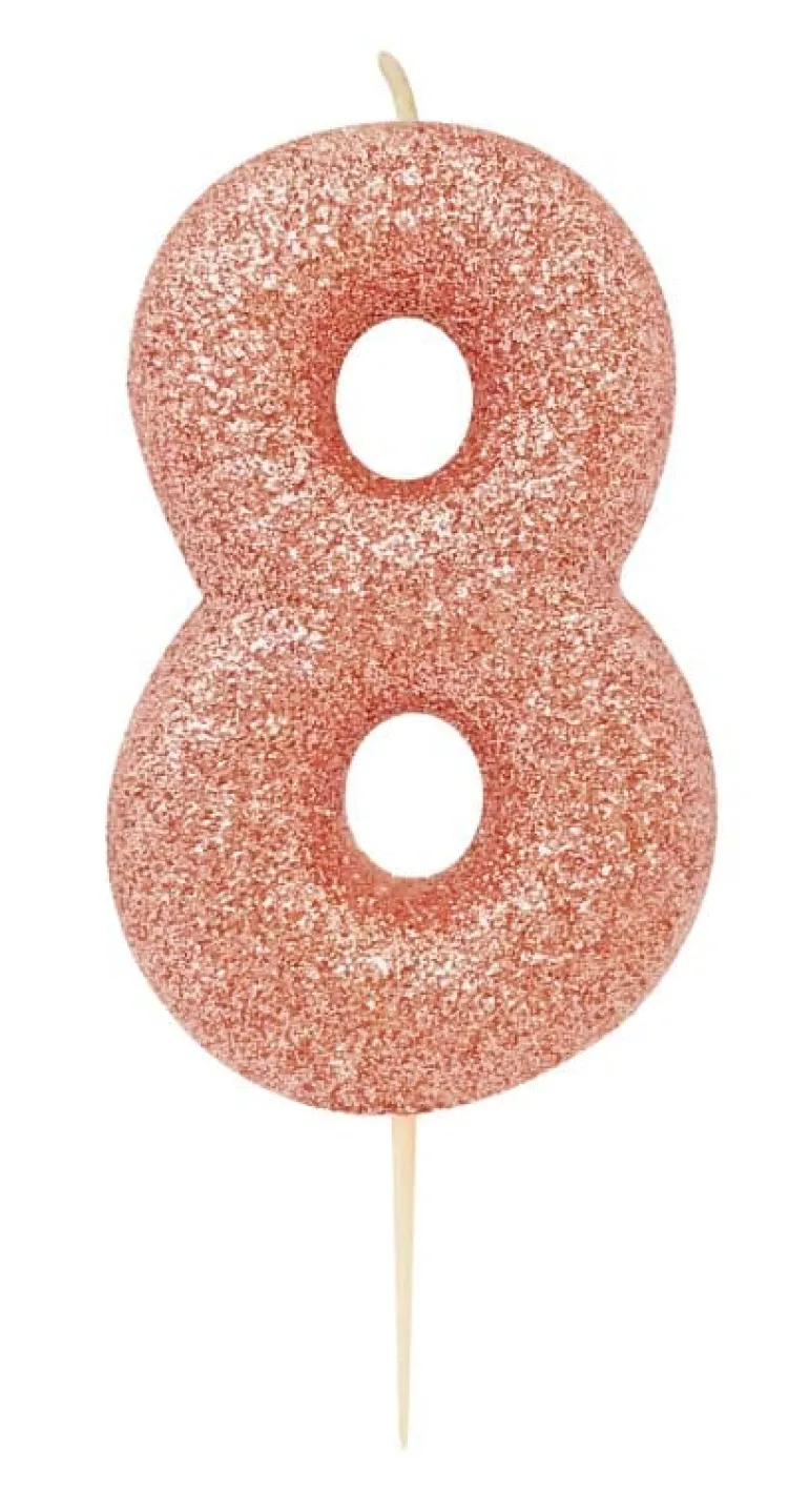 Rosegold Tal Kagelys m/Glitter 6.5 cm - 8 Tal
