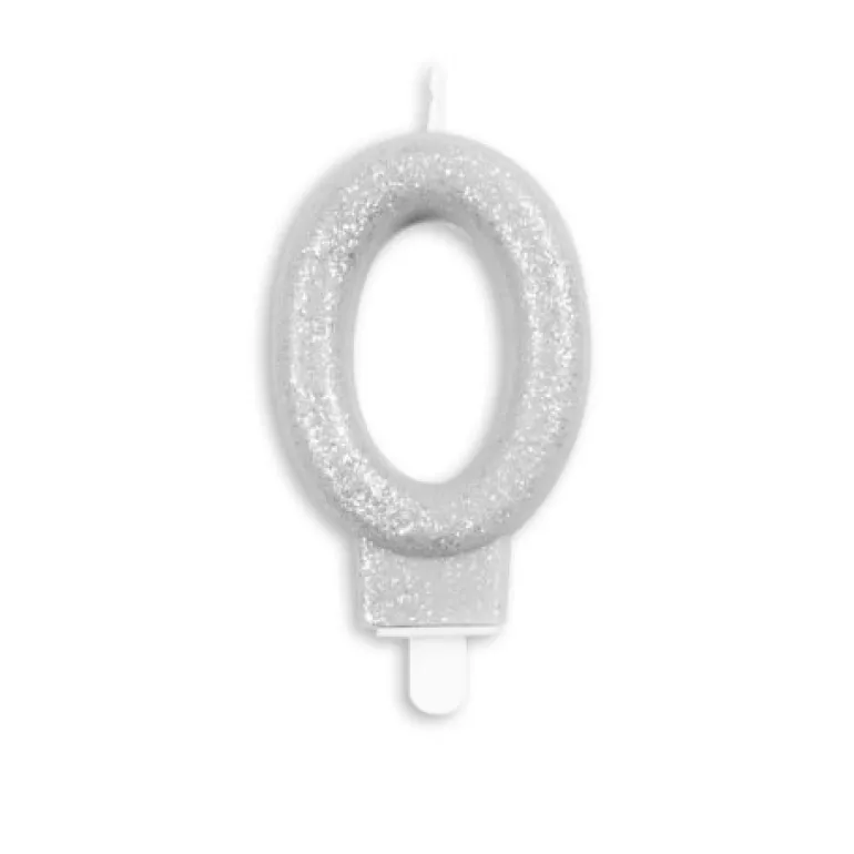 Sølv Talformet Kagelys m/Glitter 7 cm - 0 Tal