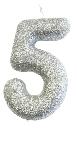 Sølv Tal Kagelys m/Glitter 6.5 cm - 5 Tal