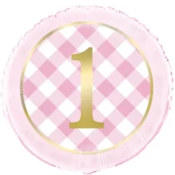 1st Birthday Lyserød-Ternet Folieballon, 45 cm