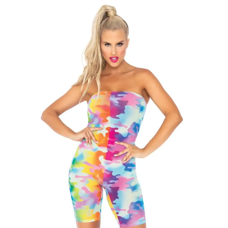 Stropløs "Rainbow Camouflage" Romper Dragt i Mesh